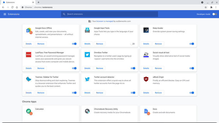 Screenshot of extensions on Chrome OS, extensions displayed: Google Docs Offline, Google Input Tools, Keep Awake, Lastpass, Omnibox Twitter, Social visual alt text, Twemex, Twitter account detector, uBlock Origin, and Chrome apps: Calculator, Chromebook Recovery Utility, and Docs.