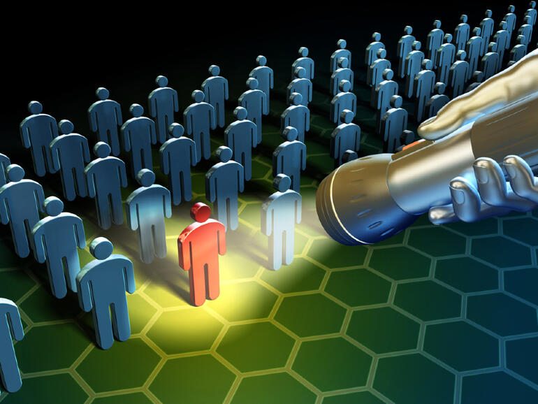 Using a flashlight to search in a large group of people icons. Digital illustration.