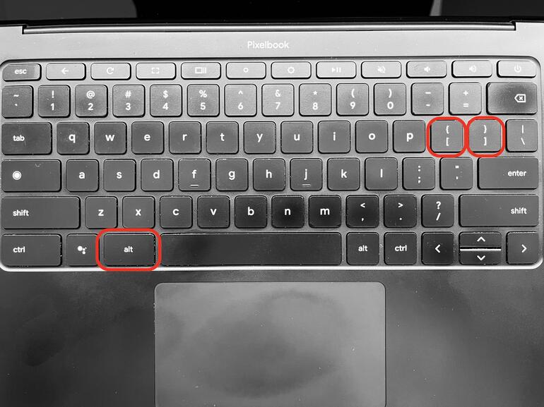 Photo of a Chromebook Pixelbook Go keyboard, with the alt, [ and ] keys circled in red.