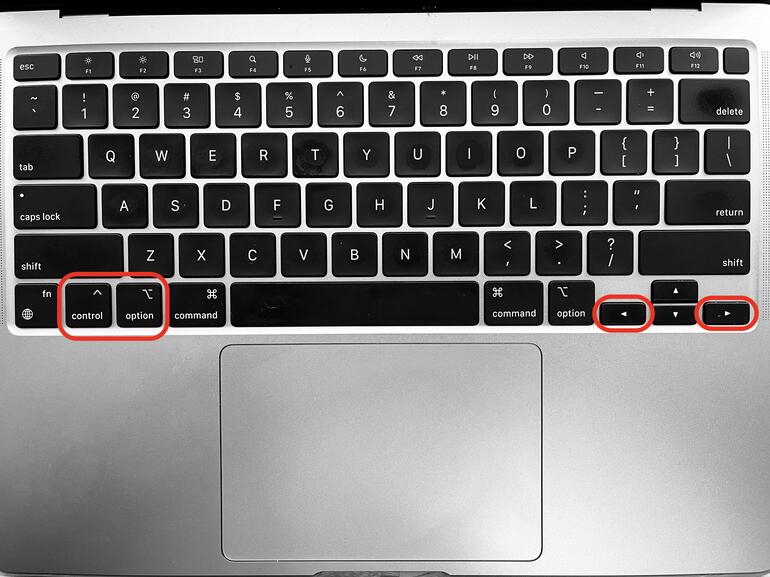 Photo of MacBook Air keyboard, with control, option, left arrow and right arrow keys circled in red.