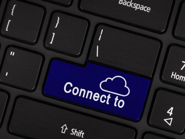 Blue computer key - connect to the cloud