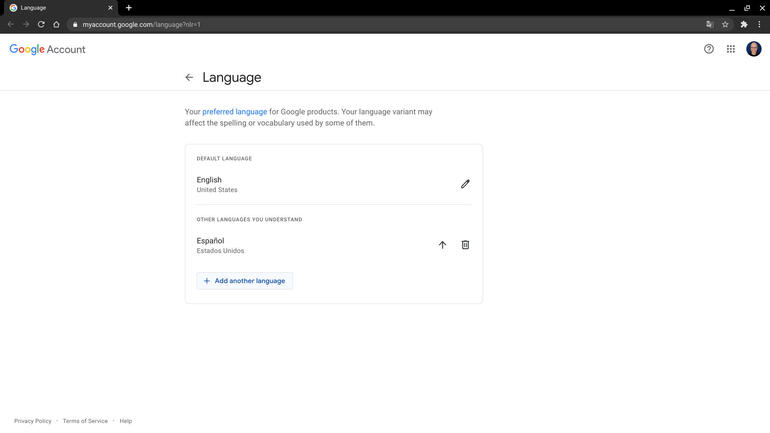 Screenshot shows My Google account settings, with English as default language, and Español added as an additional language.