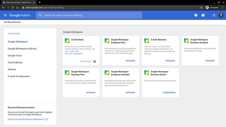 Screenshot from Google Admin console with current plan in a box, along with available Google Workplace Business and Enterprise options.