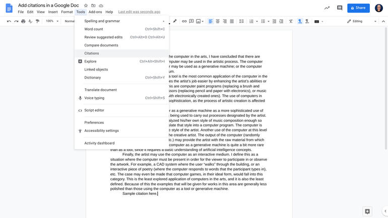 Screenshot of a Google Doc with Tools menu displayed, and cursor over Citations option.