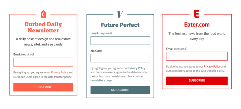 Three examples of newsletter modules, showing the same colors, fonts, and spacing.