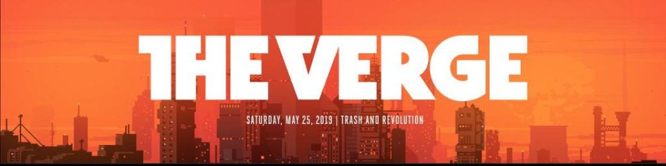 Example of the Verge’s masthead component with a city skyline in orange tones.