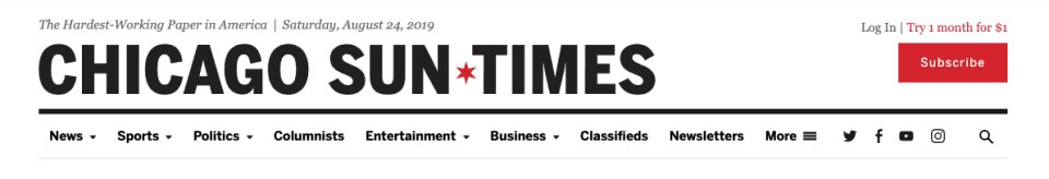 The masthead component for the Chicago Sun-Times, showing a white background, stark black text, and a red Subscribe button.