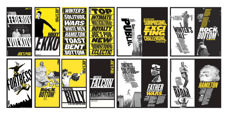 Sixteen Public Theater posters in black, white, and yellow, with slanted wood type letterforms and high-contrast images of people.