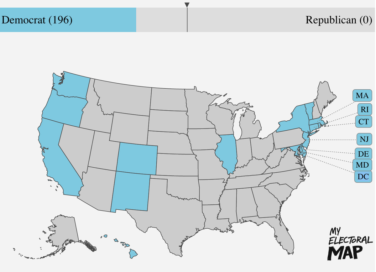 States that have adopted the National Popular Vote Interstate Compact, according to their vote in the past three presidential cycles. They add up to 196 electoral votes for Democrats, 0 for Republicans