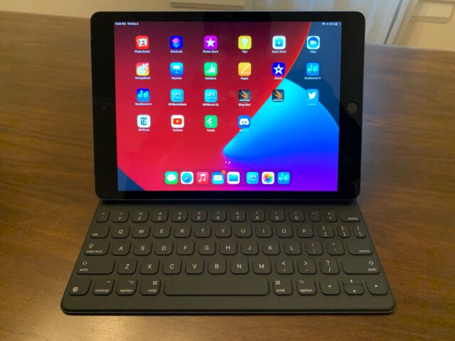 The 2020 iPad with a (not-included) Smart Keyboard attachment.