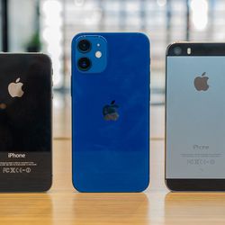 <em>From left to right: the iPhone 4S, iPhone 12 mini, and iPhone 5S.</em>