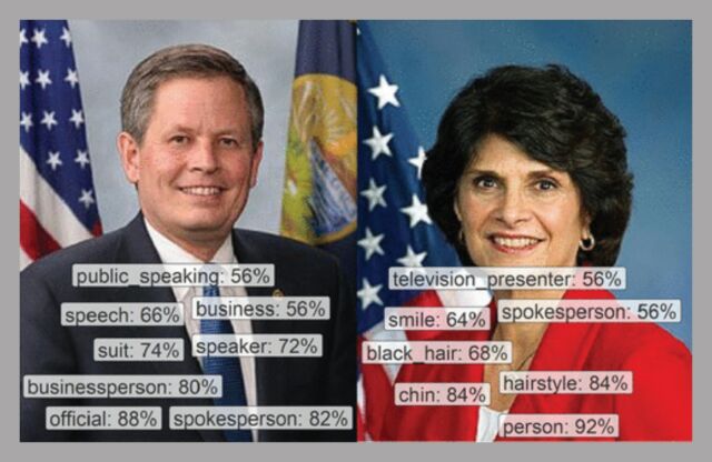 Google's AI image recognition service tended to see men like senator Steve Daines as businesspeople, but tagged women lawmakers like Lucille Roybal-Allard with terms related to their appearance.