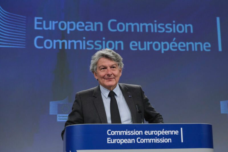EU Commissioner for Internal Market Thierry Breton talks to media during a press conference in June.