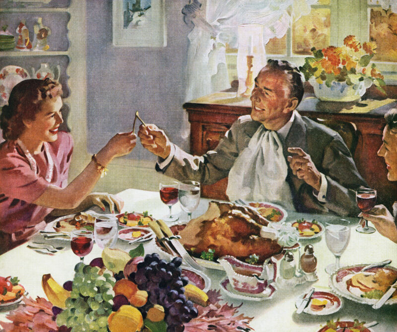 A Norman Rockwell (or Rockwell-esq) depiction of Thanksgiving gathering.