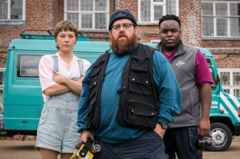 (l-r) Emma D'Arcy, Nick Frost, and Samson Kanyo star in <em>Truth Seekers</em>.