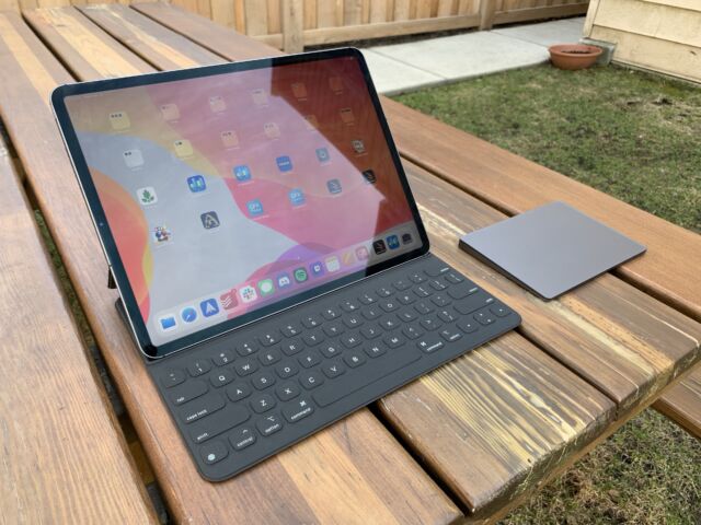 The 12.9-inch 2020 iPad Pro with the Smart Keyboard and Magic Trackpad peripherals.