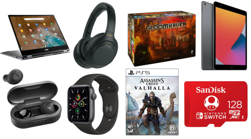 Collage of electronic consumer goods against a white background.