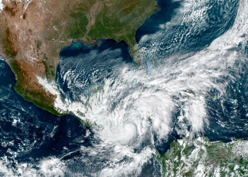 Satellite photo of hurricane entering Gulf of Mexico.