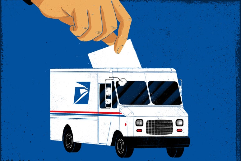 Illustration of a hand dropping an envelope into a USPS truck