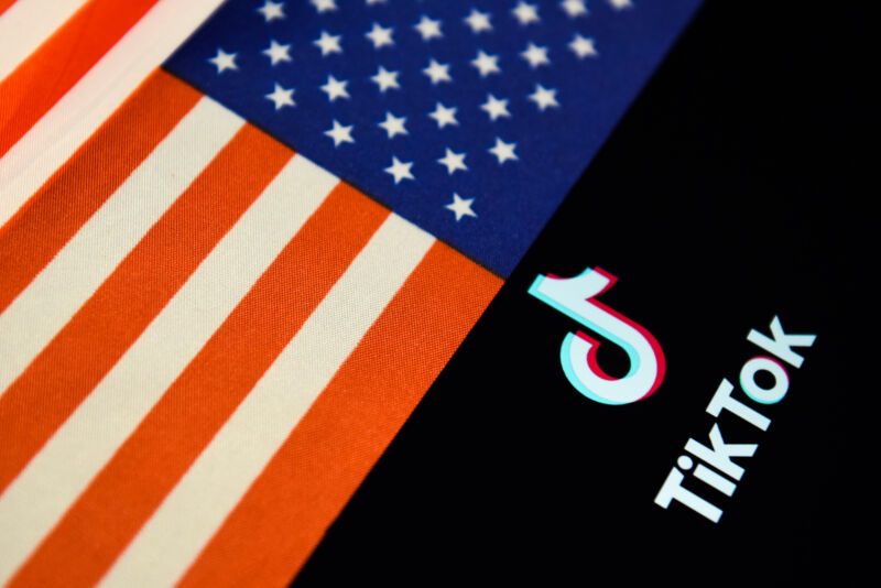 TikTok logo next to inverted US flag.