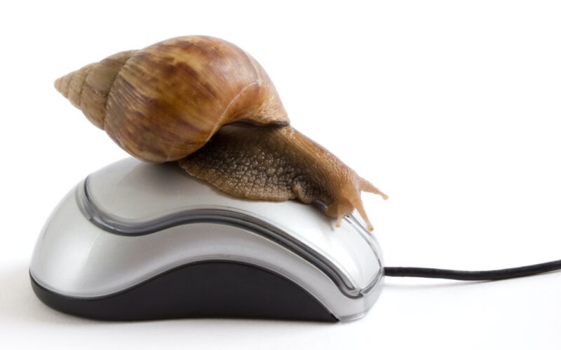 A snail resting on a computer mouse, to illustrate slow Internet service.