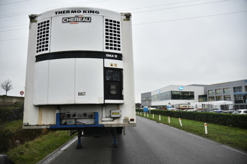 A climate controlled thermo haulage truck trailer outside the Pfizer Inc. facility in Puurs, Belgium, on Thursday, Dec. 3, 2020. 