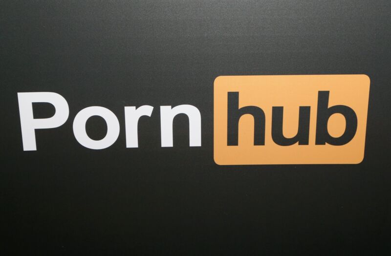 A Pornhub logo at the company's booth during an industry conference.