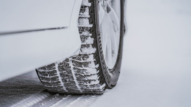 A closeup of Bridgestone's latest Blizzak tire in its natural environment.
