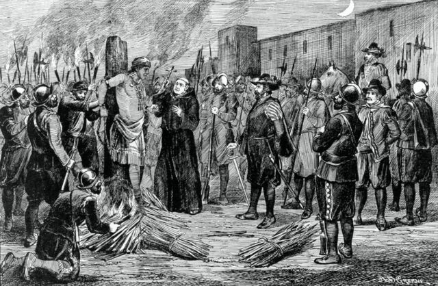 Engraving of the execution of Inca by A.B. Greene. The Spaniards burnt Atahualpa at the stake with a monk presiding holding crucifix to the right.