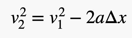 velocity final squared equals velocty first squared minus 2 times a times change in x