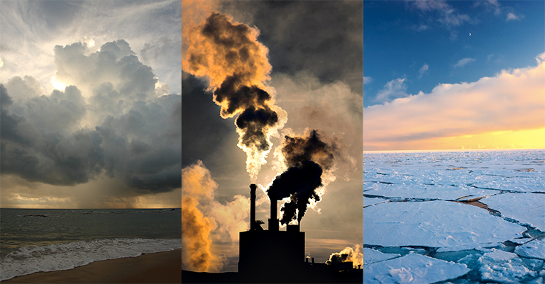 A three panel image featuring clouds, power plant exhaust, and ice.