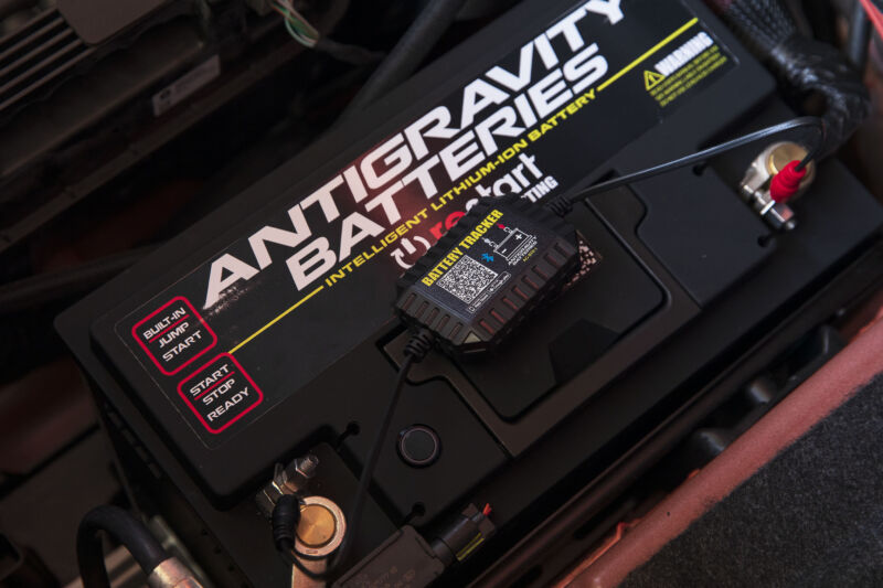 The Antigravity battery in place, with the bluetooth monitor dongle.