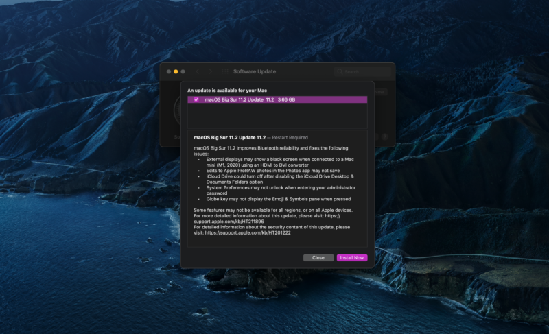 The update prompt for macOS Big Sur 11.2.