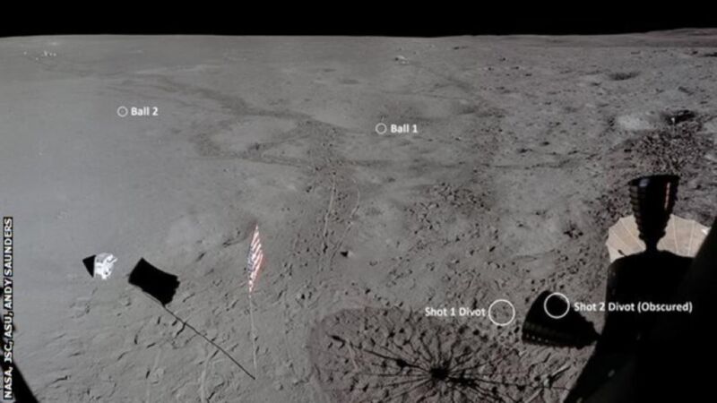This image consists of six photographs taken from the Apollo 14 Lunar Module, enhanced and stitched into a single panorama to show the landing scene, along with the location from where Alan Shepard hit two golf balls. Both astronaut's PLSS' (life-support backpacks) can also be seen at left.